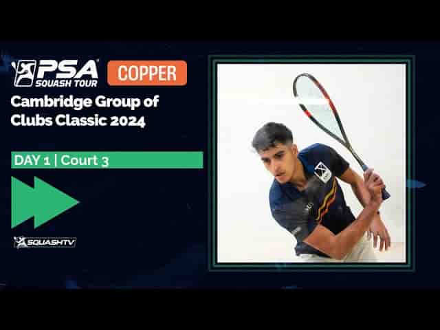 Squash tournament digital broadcast graphic at The Cambridge Club for multi-day event scheduling.