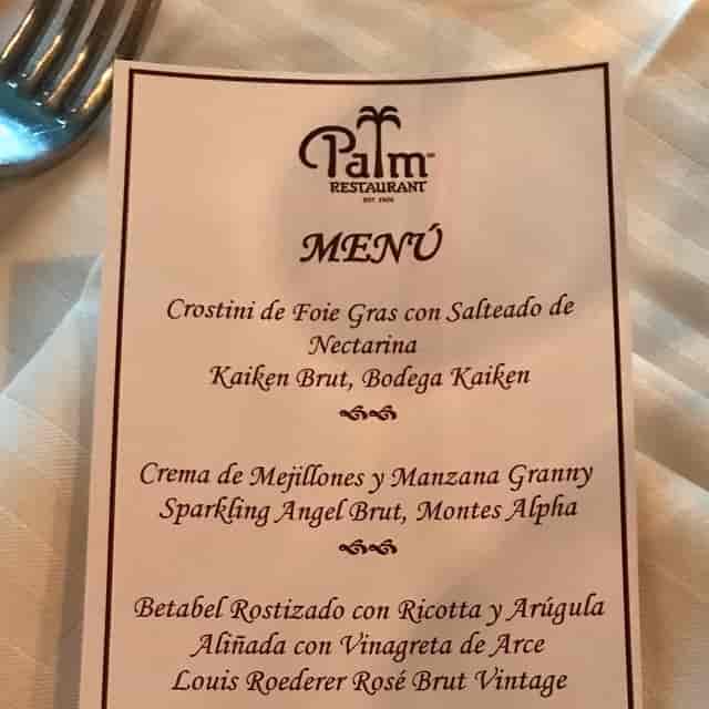 Printed menu for a wine-pairing corporate dinner at The Palm restaurant in Mexico City.