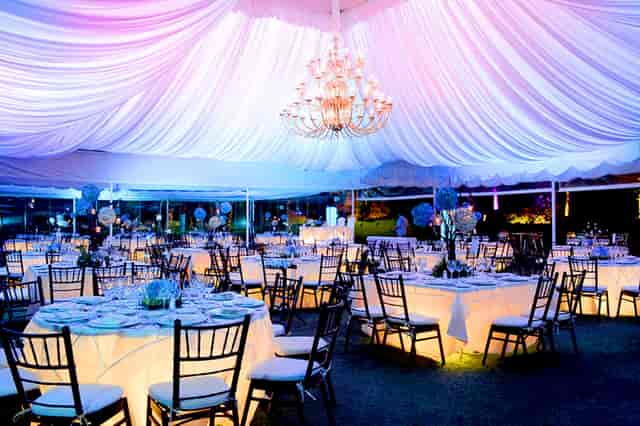 La Foret banquet hall with elegant ceiling draping for a luxury wedding or gala event.