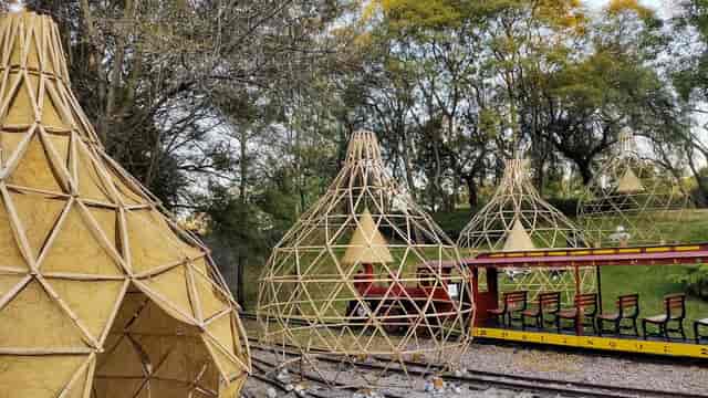 Geometric art installations at Espacio CDMX for experiential brand activation and garden party.