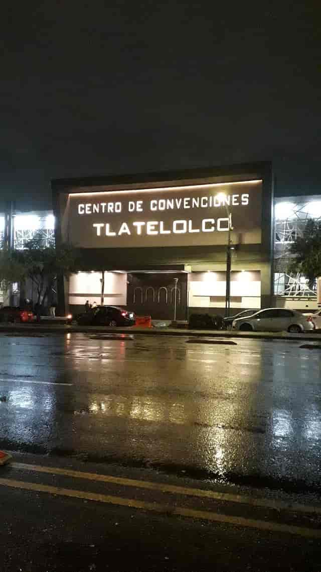 Centro de Convenciones Tlatelolco exterior at night: venue entrance for corporate events and galas.