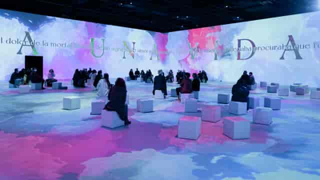 Frida Kahlo immersive exhibition hall with minimalist cube seating for experiential event design.