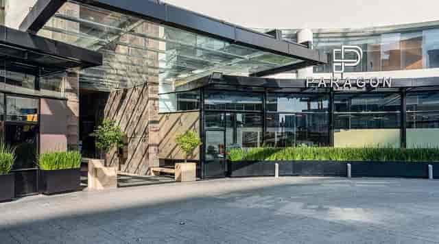 Modern Paragon Hotel terrace entrance for luxury corporate event venue and gala drop-off.