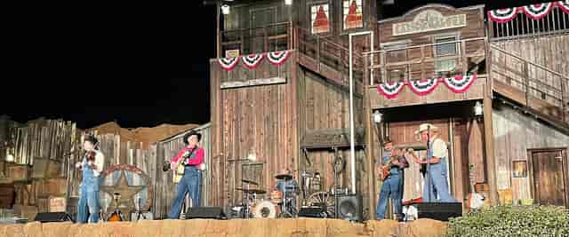Gold Rush Camp at Knott’s Berry Farm: rustic Western stage for corporate events and live shows.