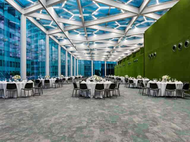 Ballroom at Lucerna 32 featuring vaulted ceiling and green wall for corporate galas and banquets.