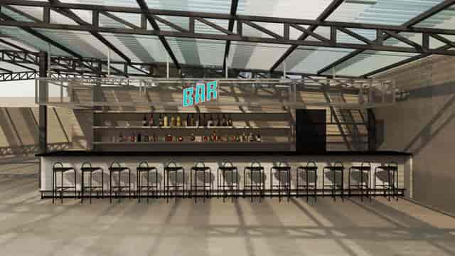 Industrial-chic outdoor bar at Club del Patio Roma for cocktail networking events.