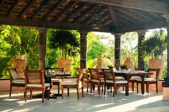Rustic patio venue at Hacienda de San Antonio Clavería for upscale retreats and dining events.