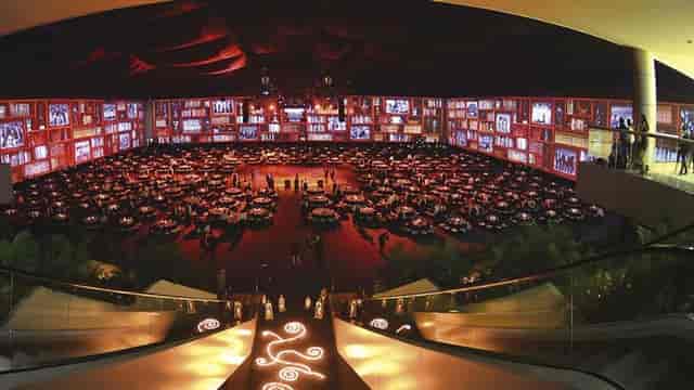 Gala setup with immersive LED wall at Expo Santa Fe convention center for corporate event hosting.