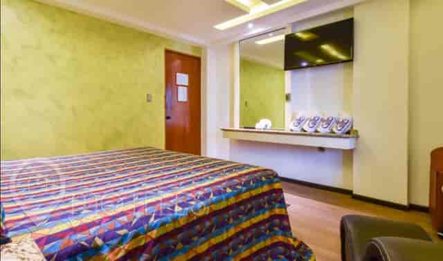 Dated Motel Siesta del Sur guest room with patterned bedding for budget travel or events.