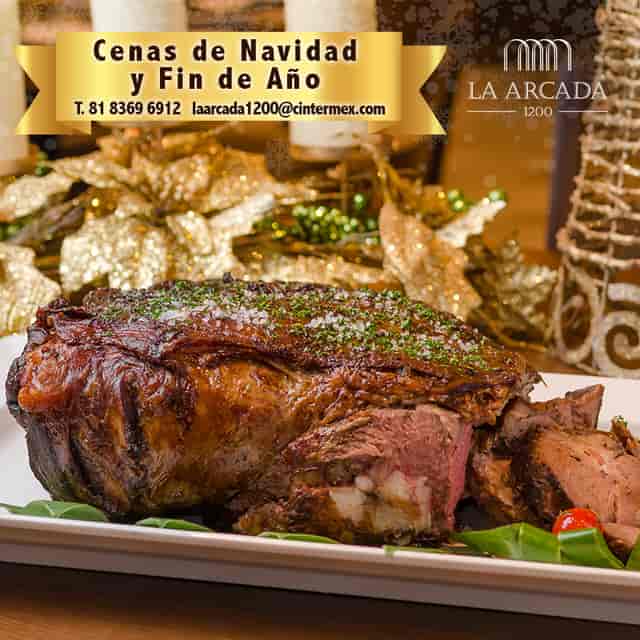 Carved roast centerpiece at La Arcada 1200 holiday banquet, elegant gala dinner dining.