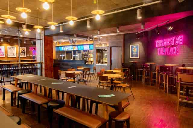 Industrial breakout space at The Understudy National Theatre for networking and team building.