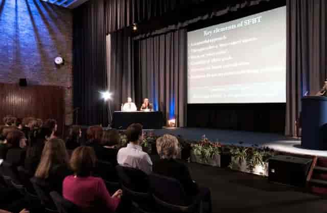 Magdalene College Wolfson Hall stage, seating, presentation screen