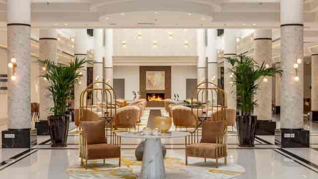 Hilton Nicosia upscale suite lobby for VIP networking and corporate event registration.