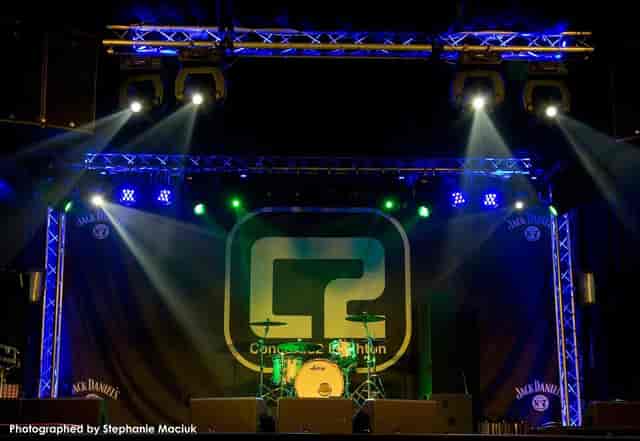 Concorde 2 stage with professional lighting and drum kit for live music concert venue hire.