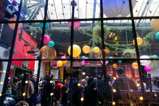 Electrowerkz courtyard event, lanterns, greenery. Party.