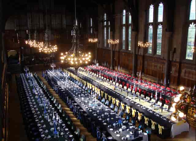 Elegant banquet setup in University Place, The University of Manchester, ideal for formal events.