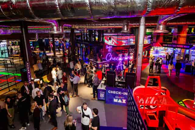 "Modern Gravity Westfield venue with colorful lighting for events and networking."