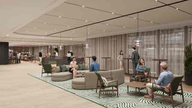 Modern lobby at The Forum Event Suite, ideal for networking and casual gatherings.