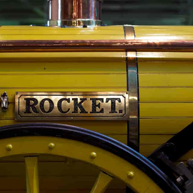 "Close-up of Rocket vintage vehicle with brass details at National Railway Museum events."