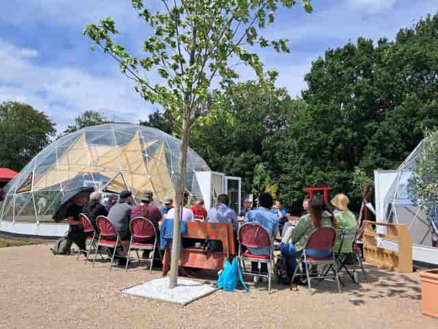 Geodesic domes at Birmingham Nature Centre: creative outdoor networking and corporate retreat venue.