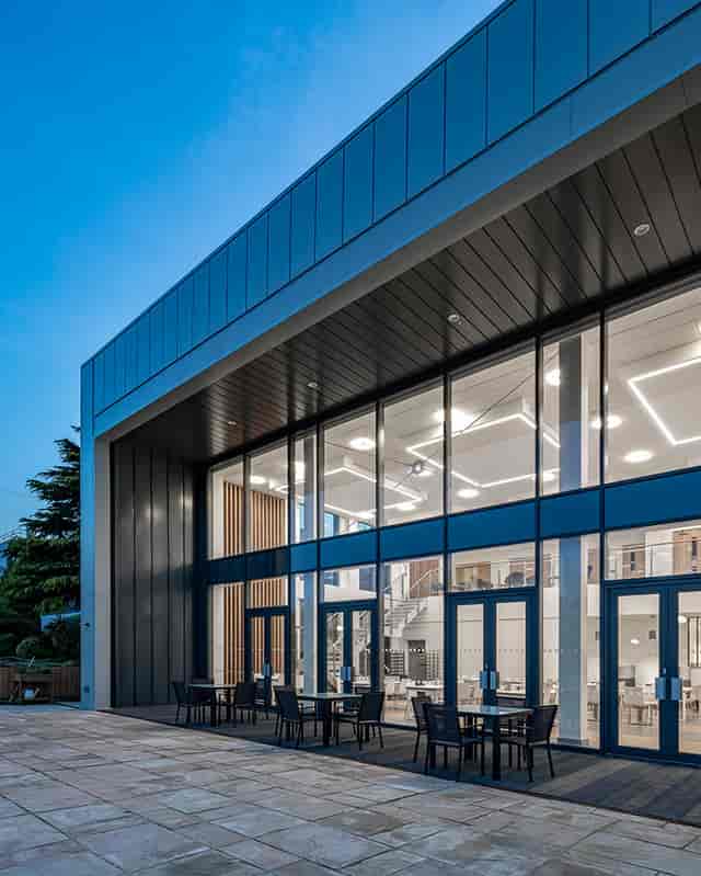 Modern office venue at Kent Science Park with glass walls for corporate events and networking.