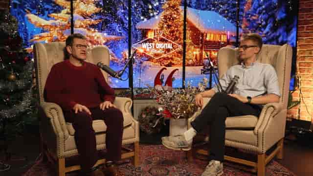 Cozy Broadcast and Podcast Studio with holiday decor for engaging seasonal interviews.