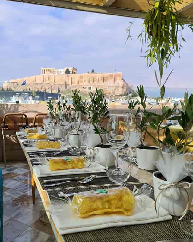 Stork Rooftop Restaurant set for a corporate event with Acropolis view and elegant decor.
