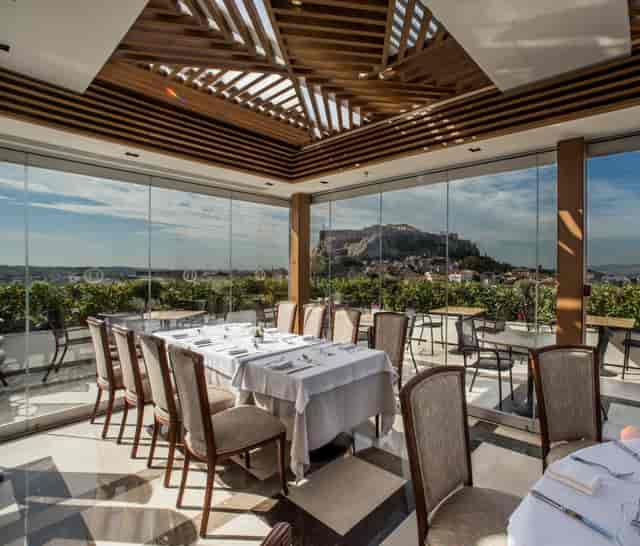 Electra Roof Garden dining area in Athens with city views, perfect for events and meetings.