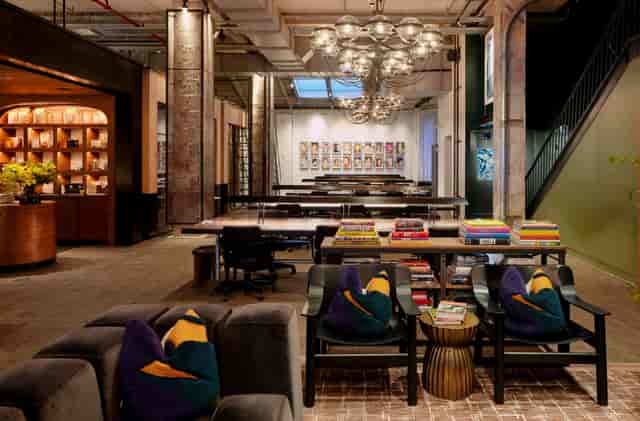 Modern event space at District Lounge, NYC; perfect for meetings and social gatherings.