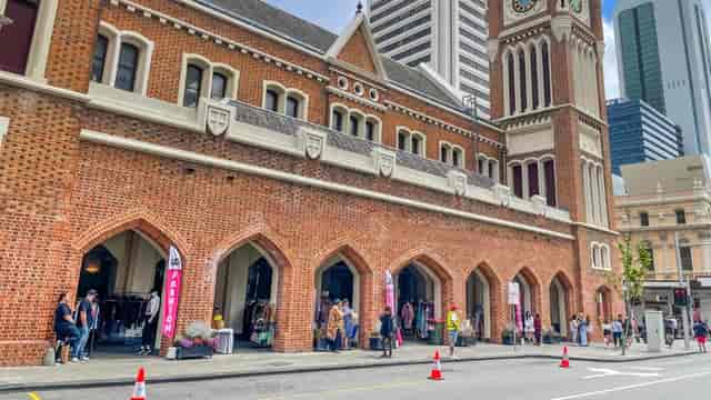 Perth Town Hall Lower Foyer: heritage brick venue for pop-up retail and outdoor event hire.