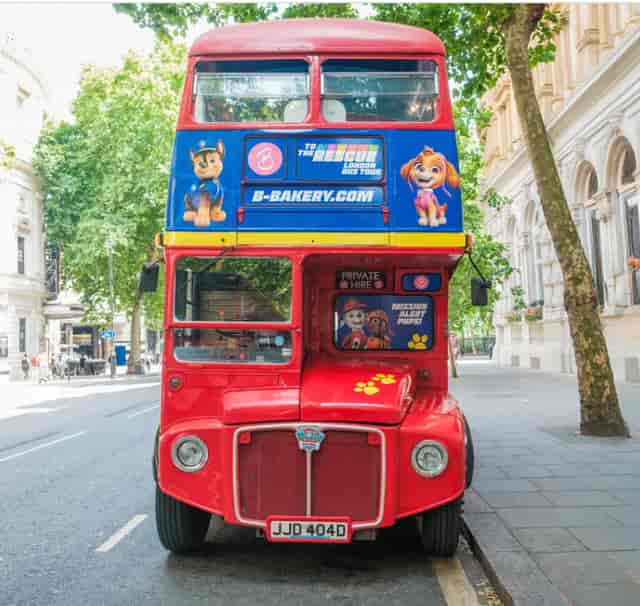 Vibrant red double-decker bus for events at PAW Patrol London Bus Tour.
