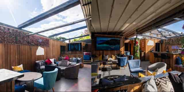 Stylish event space with modern furniture, perfect for networking and gatherings.