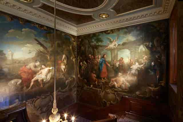 Ornate frescoed walls in Barts North Wing, historic venue for VIP receptions and gala dinners.