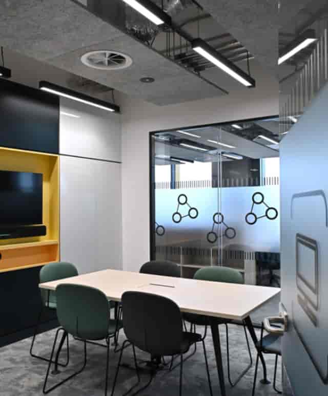 Modern meeting room in Precision Health Accelerator for collaborative events and presentations.