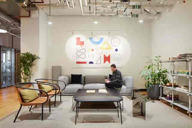Modern meeting room lounge at WeWork 145 City Road, ideal for networking events and brainstorming.