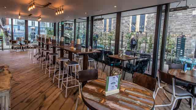 Terrace Bar at Pitcher & Piano: Modern event space with natural light for gatherings.
