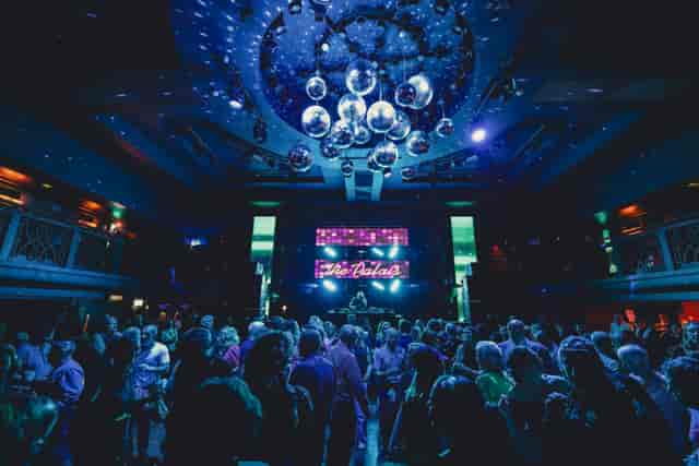 Vibrant event space in Palais Nottingham with dynamic lighting for live performances.