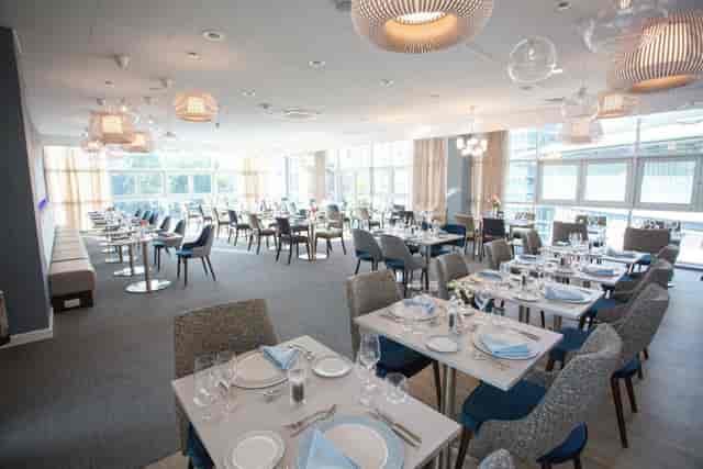 Modern dining space at T&D Café, perfect for corporate events and upscale gatherings.
