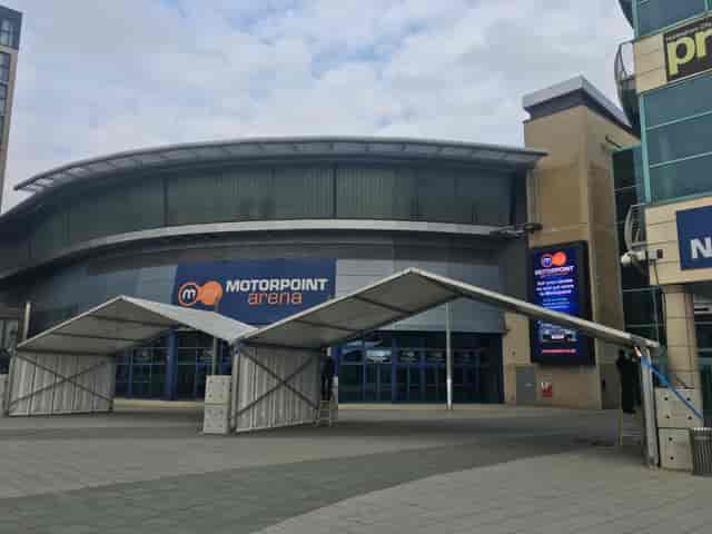 Motorpoint Arena Nottingham exterior with covered entrance, ideal for large-scale events.
