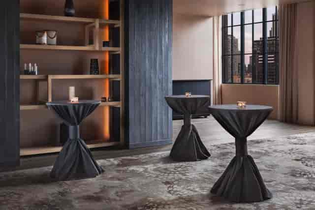 Kawa Ballroom cocktail reception with high-top tables, perfect for networking events and parties.