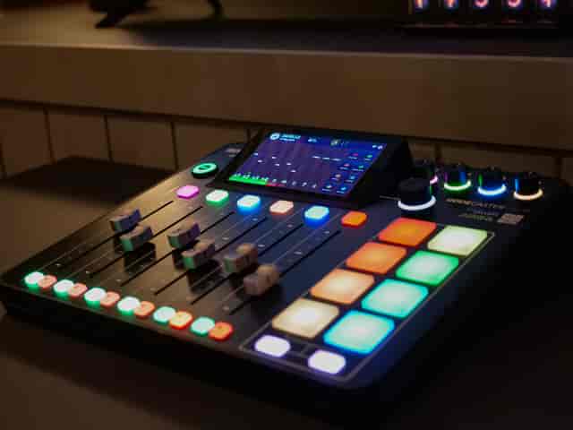 Modern audio mixing console in Colony Jactin House Podcast Room for events.
