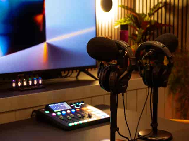 Podcast room in Colony Jactin House with microphones for high-quality audio events.