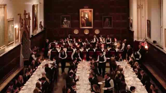 Formal banquet at St John's College Hall with long tables, ideal for historic venue event hire.