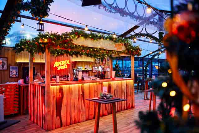 Glasshouse pop-up bar, rustic, fairy lights, event hire