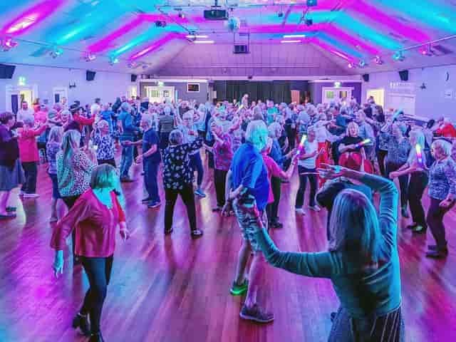 Melksham Assembly Hall dance event, large floor, dynamic lights