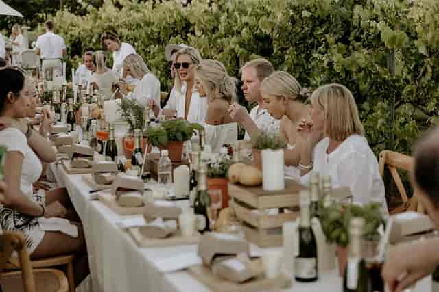 Mezzanine al fresco long table dinner, wedding, celebration