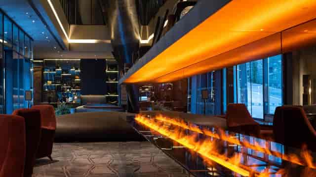 Hilton Porto Gaia foyer with linear fireplace for luxury VIP receptions and networking events.