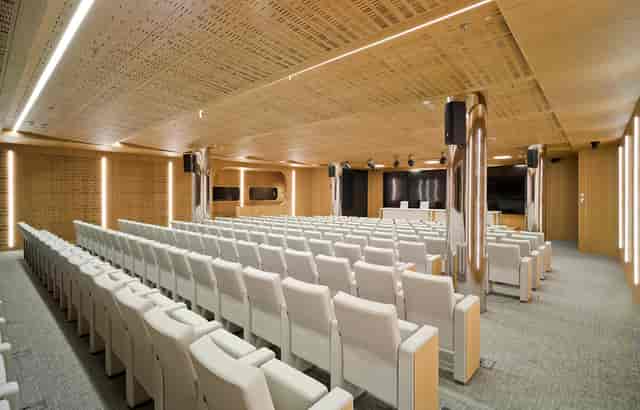 Modern auditorium with acoustic wood paneling for corporate events and executive presentations.