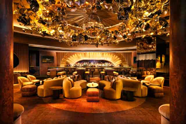 High-end lounge for VIP networking and upscale cocktail receptions with circular seating.