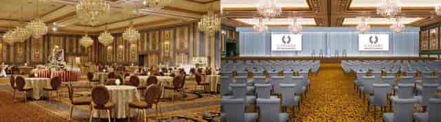 Paris Ballroom banquet and theater setup for luxury corporate events and gala conferences.